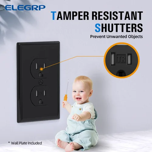 Vista 4 de ELEGRP Receptáculo dúplex resistente a manipulaciones, toma de pared dúplex eléctrica estándar de 15 A 125 V, 2 polos y 3 cables, 5-15R