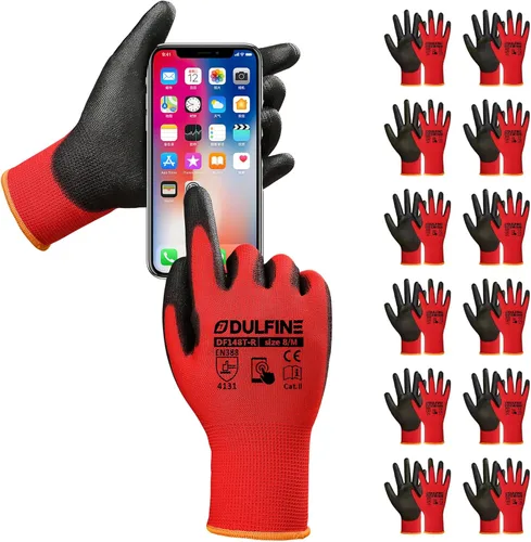 Vista 14 de DULFINE Guantes de trabajo ultrafinos con revestimiento de PU - 12 pares, excelente agarre, carcasa de nylon guantes de trabajo de seguridad