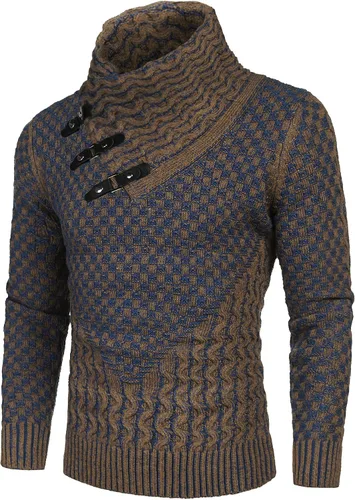 Vista 2 de COOFANDY Suéter de punto de cuello alto para hombre, manga larga, ajustado, cuello de chal