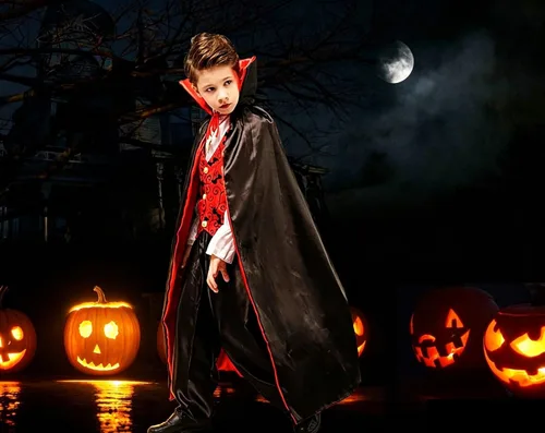 Vista 3 de Disfraz de vampiro para niños con capa, parte superior, pantalones, cuello, disfraz de vampiro para Halloween y carnaval