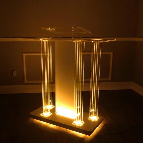 Vista 4 de FixtureDisplays Púlpito de iglesia con iluminación LED de lujo, acrílico y MDF podio con ruedas, atril de pie, atril de debate de conferencia