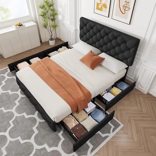 Vista 9 de IDEALHOUSE - Base de cama tamaño matrimonial con 4 cajones de almacenamiento y cabecera ajustable, camas con plataforma tapizada en lino, botones