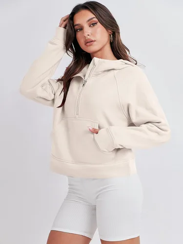 Vista 4 de ANRABESS Sudaderas con capucha corta con media cremallera para mujer, sudadera de forro polar con cremallera de un cuarto, ropa de invierno 2023