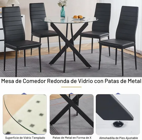 Vista 6 de Mesa de comedor redonda de vidrio de 36 pulgadas para 2-4 personas, patas de metal negro resistentes, mesa de cocina redonda de vidrio