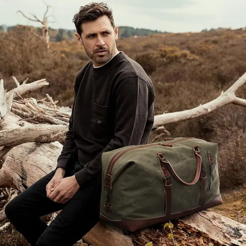 Vista 2 de S-ZONE - Bolsa de viaje de lona sobredimensionada con adornos de cuero genuino, bolsa deportiva de hombro de fin de semana, bolso de fin de semana