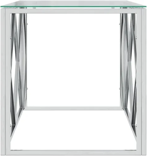 Vista 5 de Mesa de centro de acero inoxidable plateado, vidrio templado, 17.7 x 43.3 x 17.7 pulgadas, muebles de sala de estar rectangulares modernos, mesa