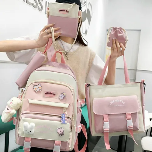 Vista 2 de Juego de 5 mochilas escolares de lona Kawaii con alfileres, bonito colgante de oso estético, mochila para laptop, escuela