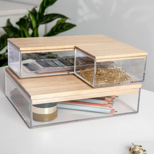 Vista 2 de Martha Stewart Brody - Contenedores organizadores de plástico con tapas de madera de paulownia para oficina en casa, cocina o baño, paquete de 3