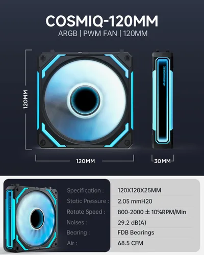Vista 7 de AsiaHorse COSMIQ - Ventiladores RGB de 120 mm para PC, ventiladores de caja de computadora, ventilador de refrigeración PWM de 5V con conector de 3