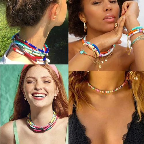 Vista 5 de ARATLENCH Heishi Surfer - Collares y pulseras Coloridas cuentas de disco de vinilo, collar de amor, bohemio, arco iris, elástico, de amistad