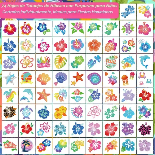 Vista 2 de CHARLENT Tatuajes temporales de hibisco con purpurina para decoración