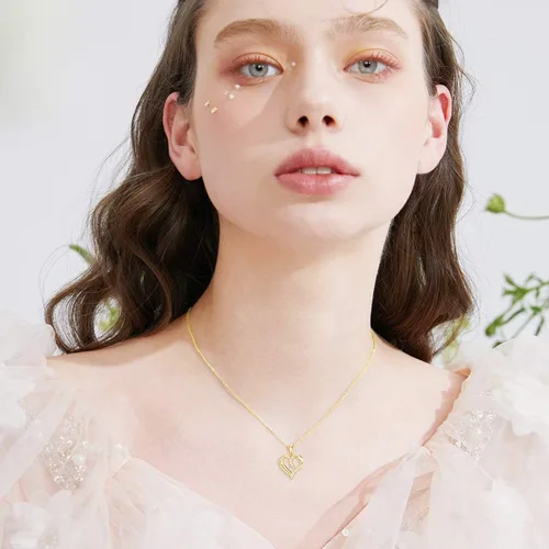 Vista 2 de Collar de corazón abierto de oro de 14 quilates para mujer, collar con colgante de corazón de amor de oro sólido, regalo de joyería de amor