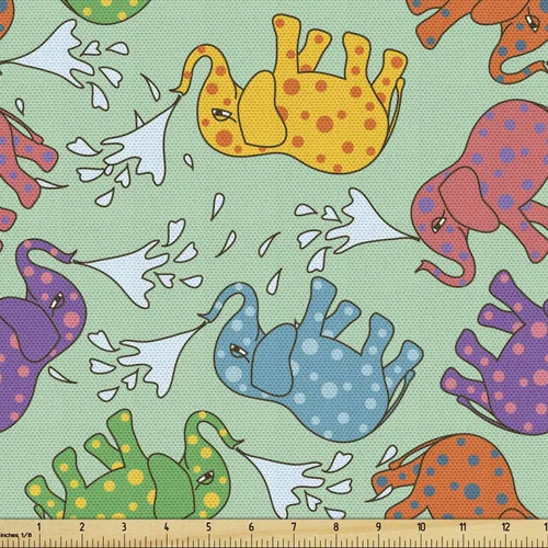 Vista 17 de Ambesonne The Yard, tela de animales de dibujos animados por The Yard, animales de safari con temática pastel, tela decorativa para tapicería