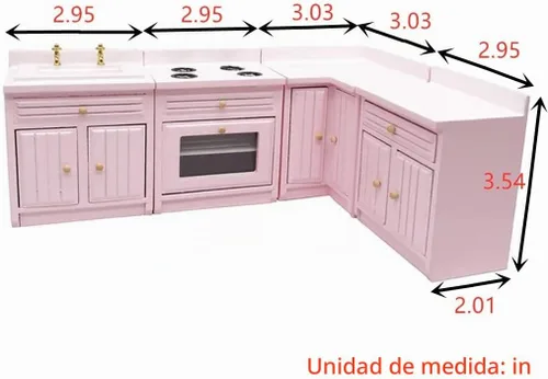 Vista 4 de Accesorios de decoración de casa de muñecas, casa de muñecas 1:12, muebles en miniatura, juego de gabinetes de cocina de madera combinados Rosa