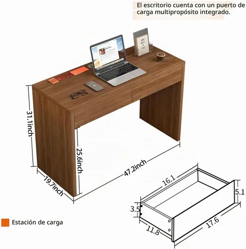 Vista 2 de Escritorio de computadora de 47 pulgadas con toma de corriente extraíble, escritorios de oficina en casa con 2 cajones resistentes, escritorio
