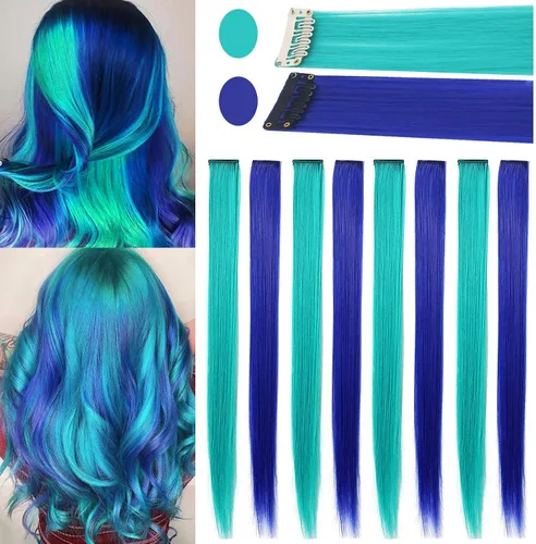 Vista 5 de Extensiones de cabello con clip de colores, 8 piezas de cabello sintético liso con reflejos azules y verde azulado