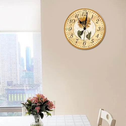 Vista 4 de Reloj de pared de crisantemo, girasoles, reloj de pared sin tictac, reloj de pared de 10 pulgadas, funciona con pilas, moderno reloj redondo