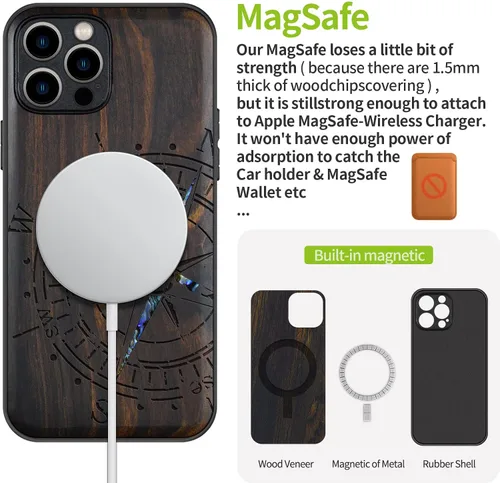 Vista 5 de Carveit Funda protectora de madera de diseñador para iPhone 12 Pro, cubierta magnética, grabado en madera e incrustaciones de concha, funda