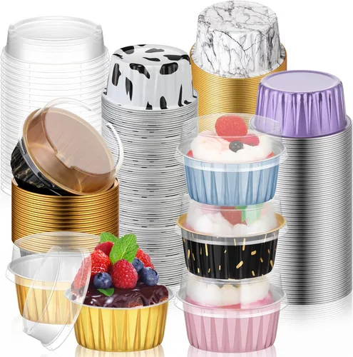 Vista 11 de 120 Pcs Moldes de Papel de Aluminio para Hornear Mini Moldes para Pasteles con Tapas 5 oz Forros para Cupcakes Moldes Desechables para Magdalenas
