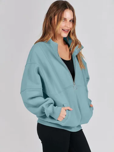 Vista 8 de ANRABESS Sudaderas de forro polar con media cremallera para mujer, de gran tamaño, con cremallera de un cuarto, ropa de moda para otoño de 2024