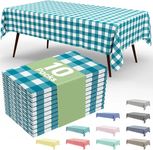 Vista 98 de Smiry Paquete de 3 Manteles Desechables de Cuadros Gingham Color Caqui - 54" x 72" Mantel de Plástico de Servicio Pesado, Cubiertas de Mesa
