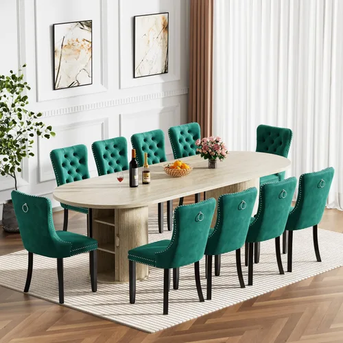 Vista 12 de Mesa de comedor redonda extensible de 94 pulgadas con base de almacenamiento, mesa de comedor expandible natural para 10, mesa de comedor de madera
