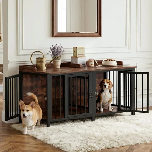 Vista 12 de BOINN Mueble plegable para perros de 41.3 pulgadas, no se ensambla, para perros de interior, jaulas de madera para perros con cuencos giratorios