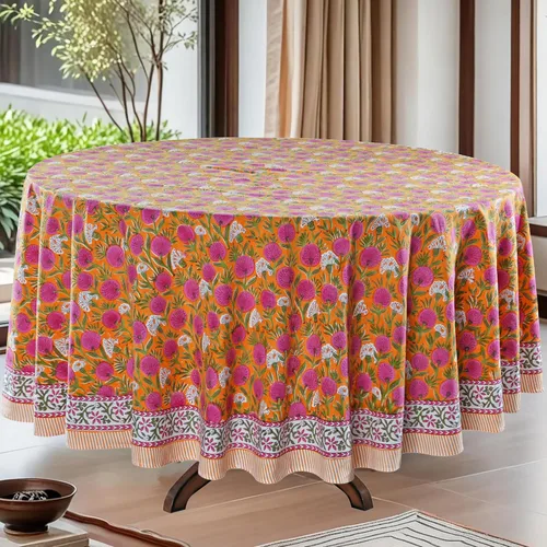 Vista 26 de Mantel redondo con estampado de bloque a mano, 100% algodón, reutilizable, turquesa, verde musgo, 90 pulgadas, mantel decorativo para uso diario