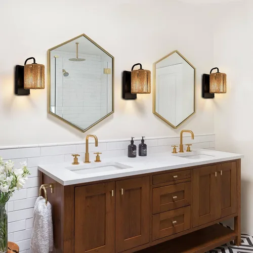 Vista 8 de Aplique de pared boho de ratán apliques de cuerda de cáñamo Estilo de ratán tejido