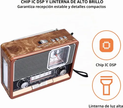 Vista 6 de Radio vintage multifuncional AM FM SW banda reloj linterna retroaltavoz con linterna LED, función de reloj, aspecto vintage para el hogar viajes