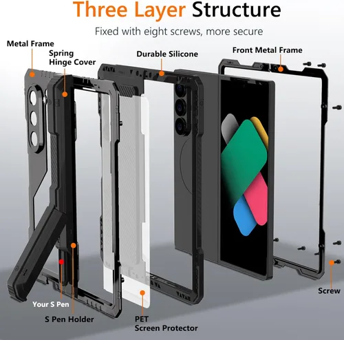 Vista 7 de Funda de metal para Samsung Galaxy Z Fold 5 con soporte para bolígrafo Fold5 S, resistente funda protectora de pantalla Z Fold 5, protector de Negro