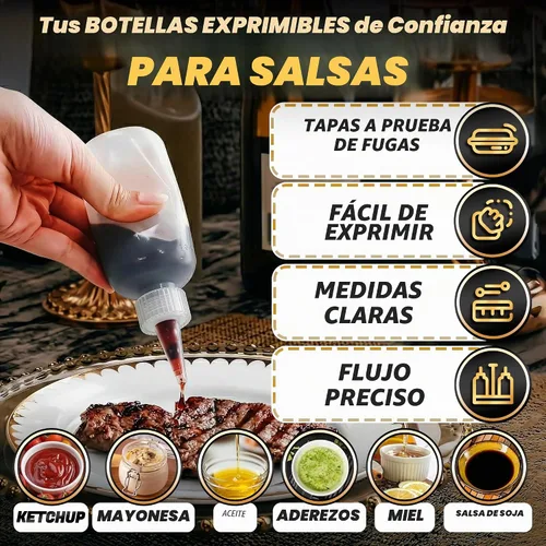 Vista 4 de 6 botellas de plástico para salsas de 4 onzas (4.1 fl oz), juego de botellas reutilizables pequeñas con punta fina cortable, para barbacoa, picnic