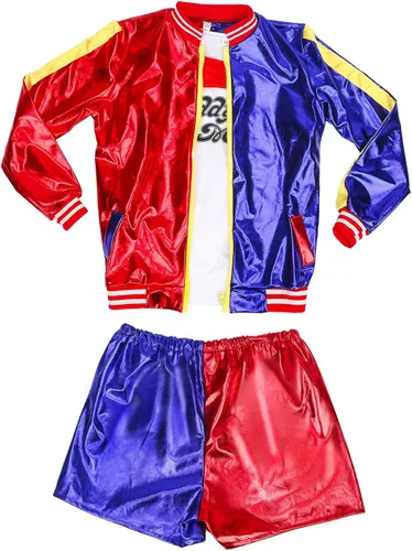 Vista 6 de Anqtovp Conjunto de disfraces de cosplay de Joker para niñas, disfraces de escuadrón de Halloween para niños con chaqueta, pantalones cortos