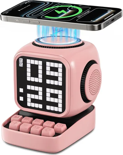 Vista 10 de Altavoz Bluetooth 5 en 1 de robot retro: cargador inalámbrico de 15 W, pantalla LED de píxeles, sonido estéreo de 10 W y 15 ruido blanco, reloj Negro