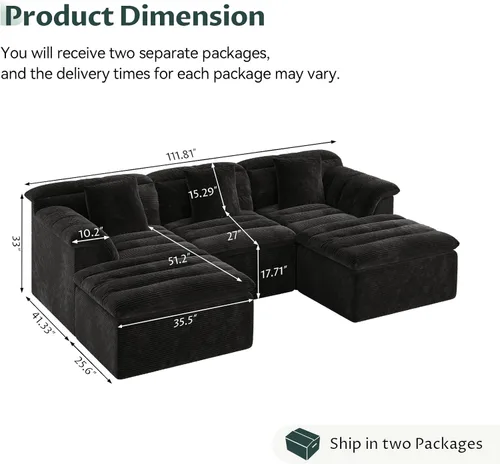 Vista 2 de Sofá modular de 111.8 pulgadas con otomana, sofá de nube sin hueso con asiento profundo, cómodos sofás de pana en forma de U para sala de estar,