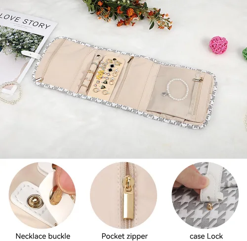Vista 3 de Voova Estuche organizador de joyas de viaje, pequeña bolsa de almacenamiento de joyas para mujeres y niñas, bolsa plegable de viaje para joyas