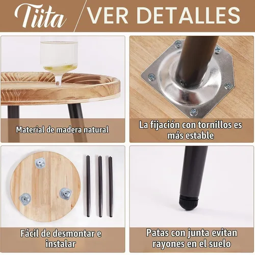 Vista 4 de Tiita Mesa auxiliar redonda mental, mesita de noche, mesas pequeñas de madera, mesa de centro con bandeja de madera para sala de estar, dormitorio