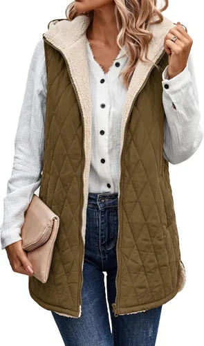 Vista 14 de ECOWISH Chaleco largo acolchado para mujer: chaqueta de forro polar reversible con cremallera para otoño 2025, abrigo de invierno cálido sin mangas