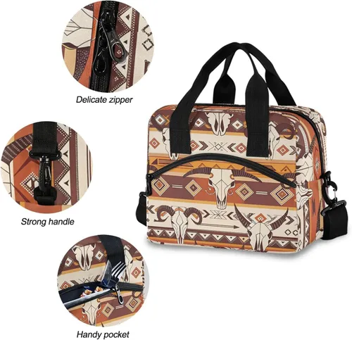 Vista 5 de Bolsa de almuerzo azteca occidental, aislada, impermeable, reutilizable, duradera, portátil, grande, con correa para mujeres y hombres