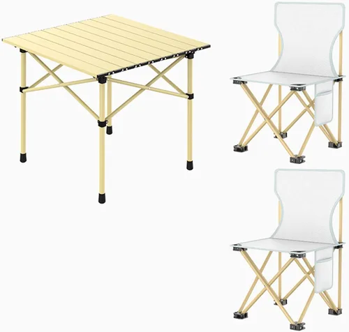 Vista 11 de Mesa plegable beige con sillas y bolsa de almacenamiento, mesa de camping portátil con patas de aluminio, adecuada para acampar al aire libre