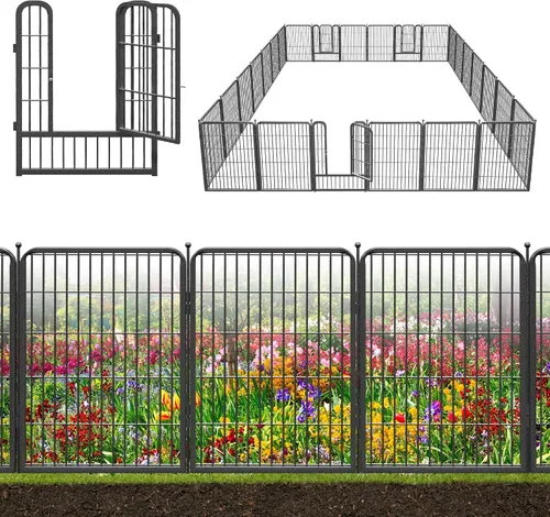 Vista 12 de Valla decorativa de metal negro para jardín con puerta, 4.5 pies de largo x 32 pulgadas de alto, 2 paneles de valla sin excavación, valla de barrera