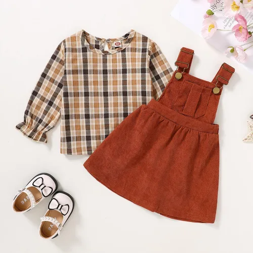Vista 4 de YOUNGER TREE Conjunto de ropa de manga larga a rayas y tirantes para bebé niña con un bolsillo