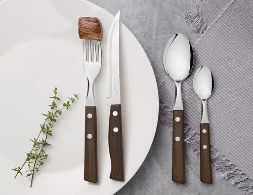 Vista 5 de Tramontina Juego de cubiertos con cuchillos para carne, cuchillo afilado de 24 piezas, tenedores, cucharaditas, cucharadas con asas de madera