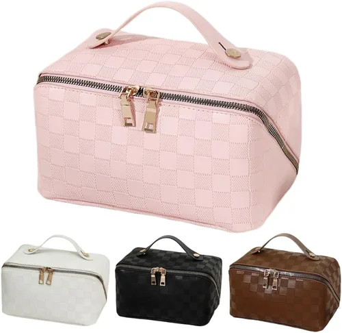Vista 27 de Bolsas de maquillaje a cuadros de gran capacidad, bolsas de cosméticos portátiles de viaje, bolsa de aseo abierta y plana para mujeres y niñas