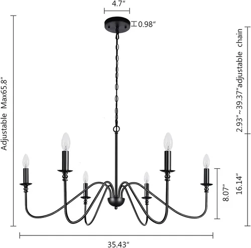 Vista 3 de Candelabro de hierro con 6 luces, color negro, estilo granja, clásico, para cocina, isla, comedor, sala de estar, vestíbulo, granero