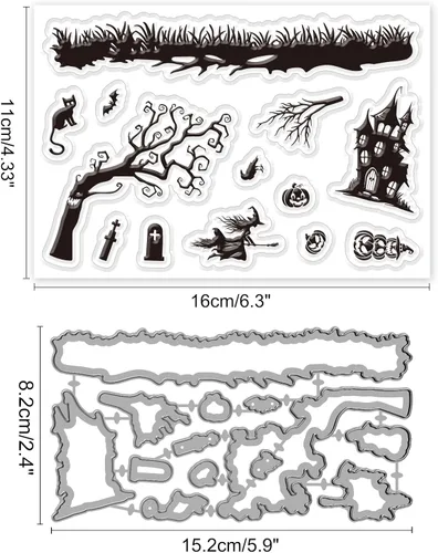 Vista 2 de ORIGACH Escenas de Halloween, sellos transparentes y troqueles de corte para hacer tarjetas, juego de sellos de silicona transparente de Halloween