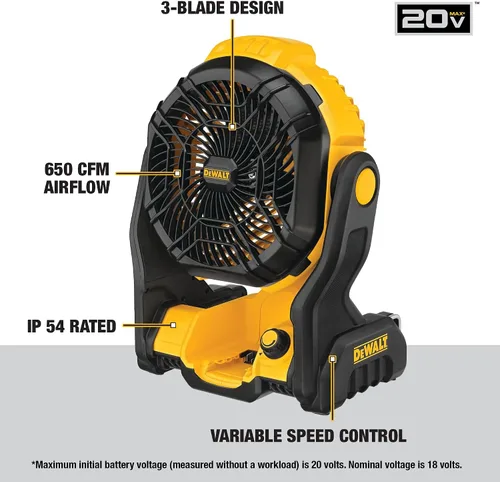 Vista 11 de DEWALT 20V MAX Ventilador portátil, ventilador de taller inalámbrico recargable con batería, hasta 4.5 horas de duración, velocidad variable, 650