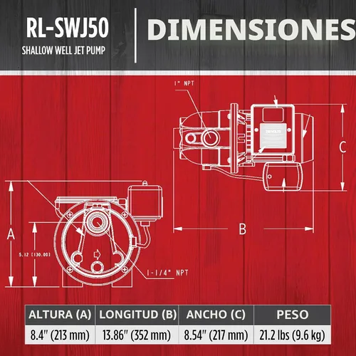 Vista 2 de Red Lion RL-SWJ50 1/2 HP, 12.6 GPM Bomba de chorro de pozo poco profundo de hierro fundido de doble voltaje (115/230 voltios), roja, 97080502