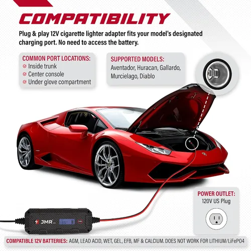 Vista 3 de Cargador de batería JMR para Lamborghini Aventador Huracan Gallardo Murcielago, cargador por goteo, acondicionador, mantenedor