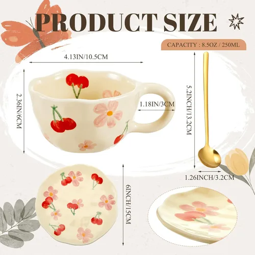 Vista 2 de Vesici 1 juego de tazas de café de cerámica con platillo y cuchara, bonitos regalos para el día de la madre para mamá, 8.5 onzas, taza de té floral